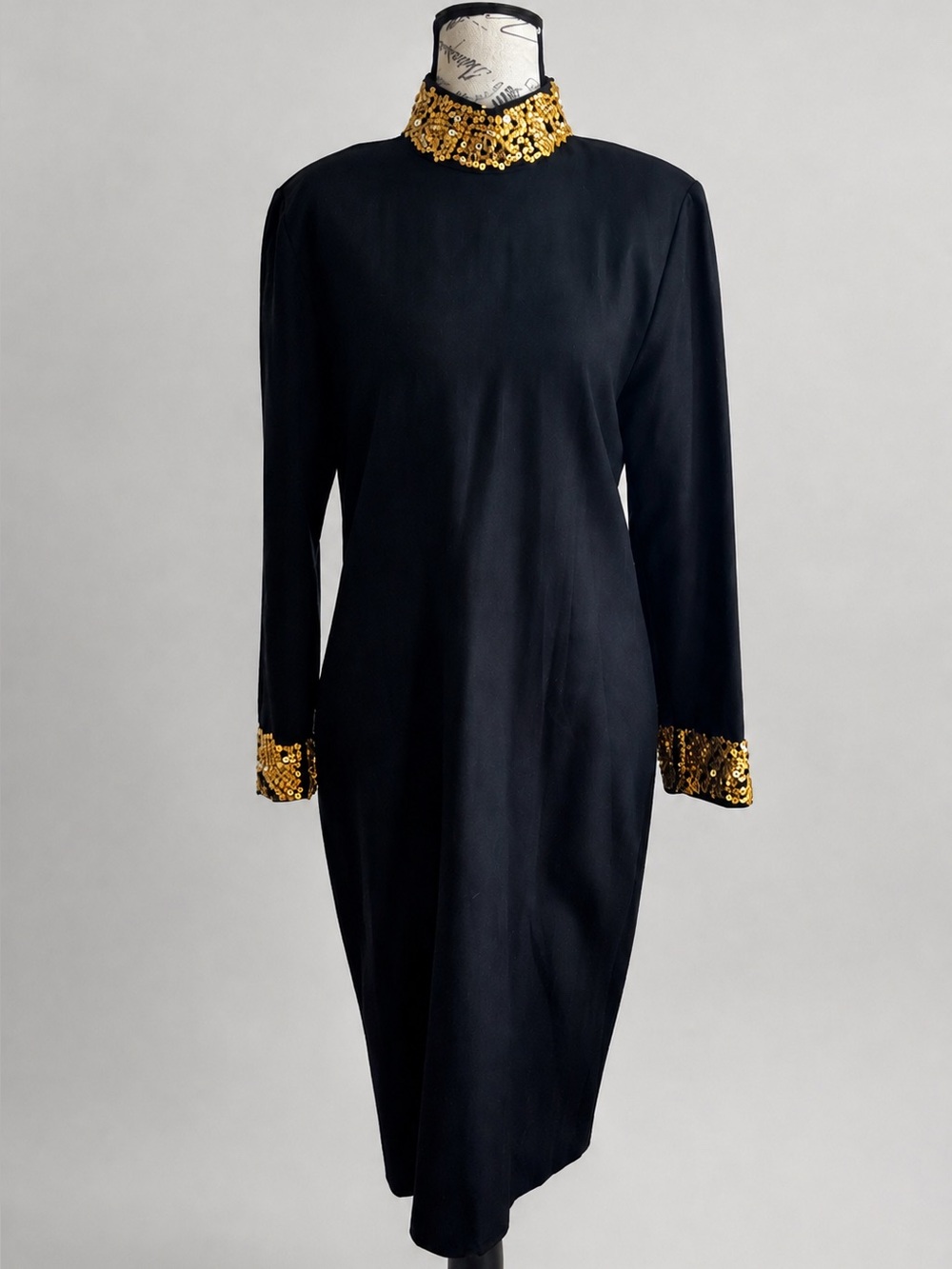 Vintage Kathryn Conover NY Cocktail Wool Gold Beaded Sleeves Collar Party Dress